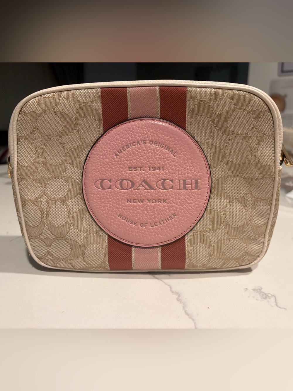Coach Beige Signature Canvas Crossbody with Pink Leather Patch and Rose Stripe